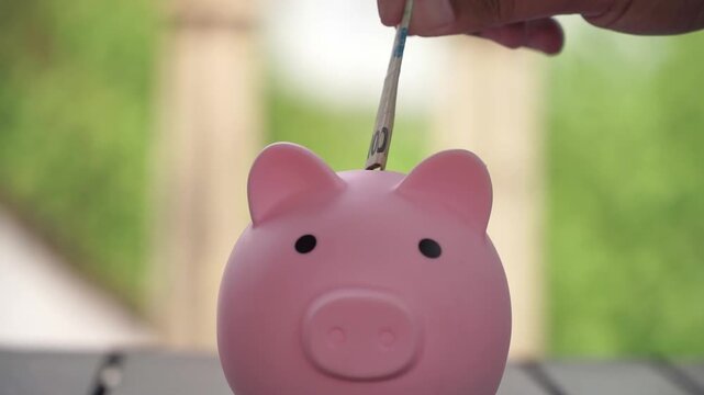 Piggy bank and coins on table, financial planning and smart saving strategy concept. Person putting money into piggy bank.