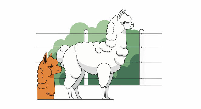 Two cartoon llamas, one brown, one white, stand in front of a green fence