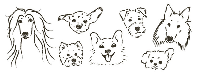 Fototapeta premium Vector set of hand drawn dog faces with textured charcoal outlines. Minimalist puppy heads doodles collection isolated on white background for pet shop branding veterinary clinic logo and textile prin