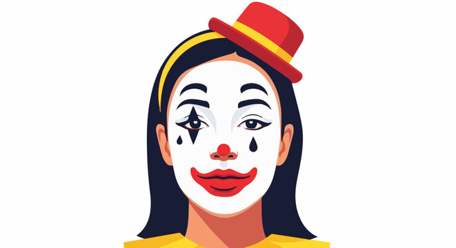 Stylized portrait of a person with white face paint, a red hat, and dramatic clown makeup
