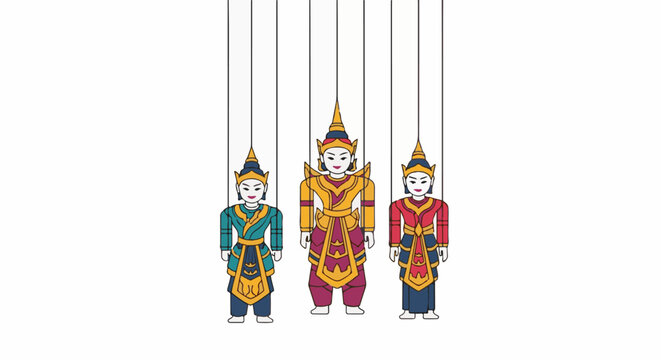 Three traditional string puppets in colorful royal attire, standing side-by-side