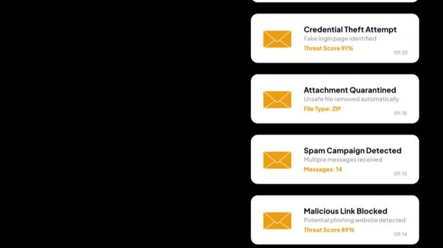 Phishing email notification sequence with alpha channel and transparent background. Cybersecurity alert overlay showing blocked threats, mailbox protection and copy space for text.