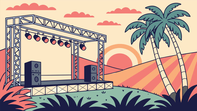Colorful Outdoor Stage Setup with Palm Trees at Sunset in Tropical Landscape