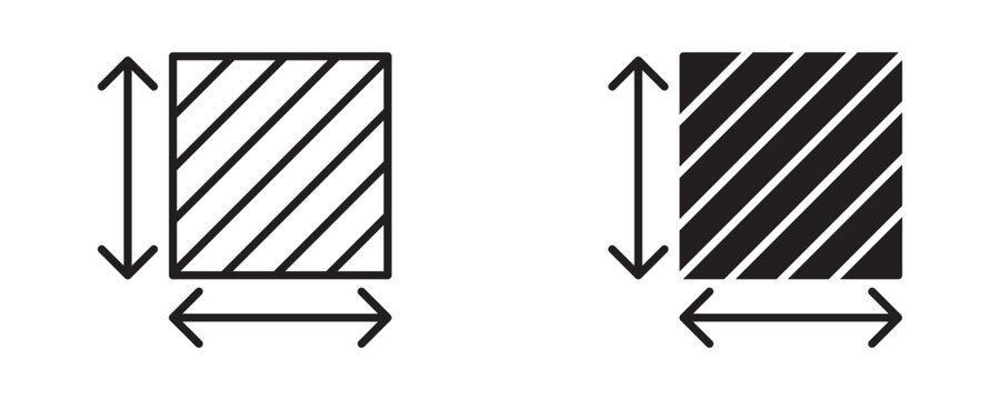 Area and dimension icon set, measurement size and spatial geometry symbol, outline and solid style. Vector illustration.