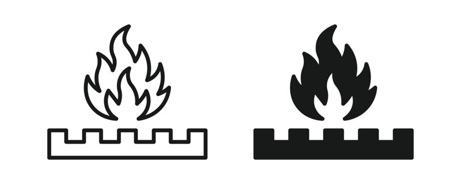 Fire burner icon set, gas stove flame and cooking heat source symbol, outline and solid style. Vector illustration.