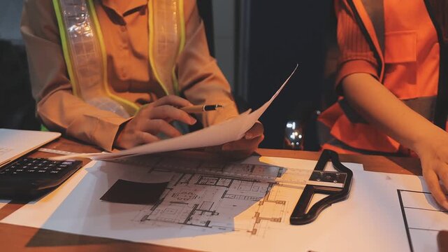 professional architect designer structural engineer team colleagues working office looking computer discussing building plan design project.