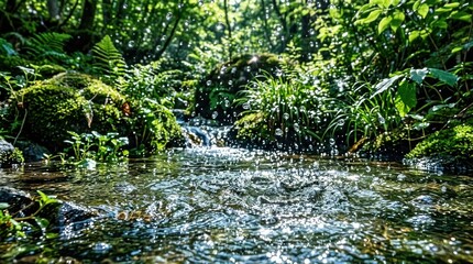 Fototapeta premium A serene forest stream with lush greenery and sparkling water droplets in sunlight
