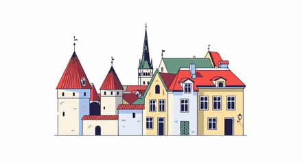 Fototapeta premium Stylized illustration of a European city skyline with varied rooftops