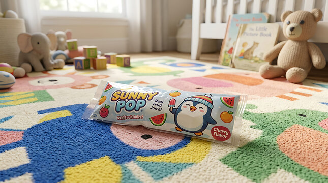 Sunny Pop Cherry Flavored Frozen Treat Wrapper Featuring a Cute Penguin Character on a Colorful Play Mat