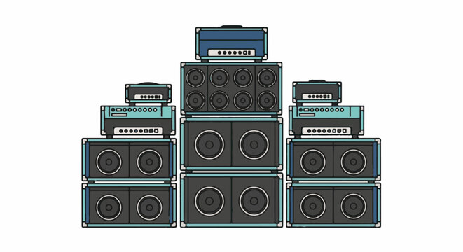 Tower of music speakers and amplifiers stacked together