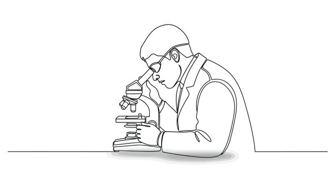 Scientist with microscope in laboratory, single line drawing