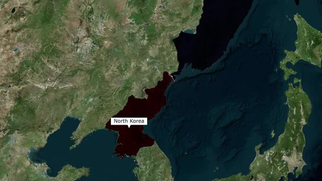 Aerial satellite visualization of East Asia highlighting North Korea and Russian borders for global news graphics