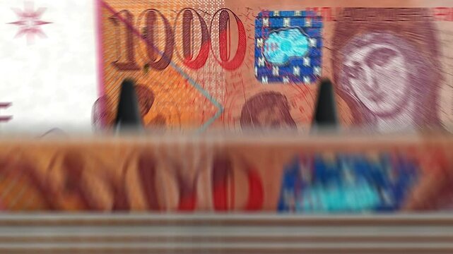 North Macedonia denars money counting machine with banknotes. Quick 1000 MKD currency note down rotation. Business and economy concept loopable and seamless background.