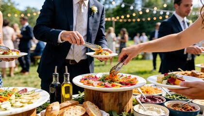 Obraz premium Guests serving food at an outdoor wedding buffet. People taking healthy appetizers at a garden party reception. Catering service with fresh vegetables and bread