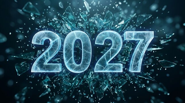 Happy new year 2027 icy numbers exploding with sharp ice fragments and glowing light on black background.