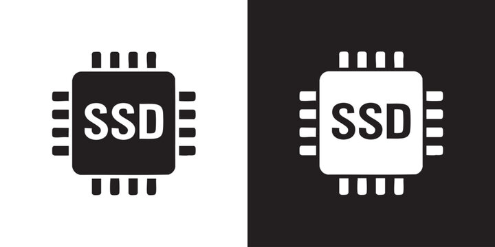 Minimalist SSD Chip Icon with Pins and Bold Lettering in Black Silhouette - Modern Solid State Drive Component Symbol, Computer Memory Storage Hardware Graphic, and Electronic Semiconductor Vector