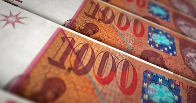 North Macedonia denars money banknote loop. 1000 MKD money texture. Concept of economy, business, crisis, banking, recession, debt and finance. Moving over note loopable seamless 3d.