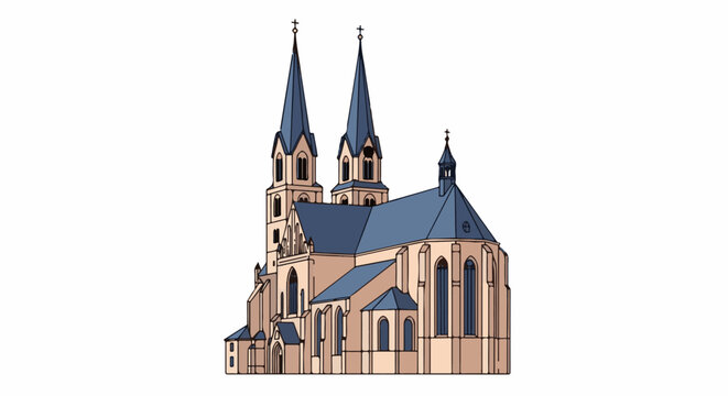 Stylized illustration of a large, multi-towered cathedral with blue roof