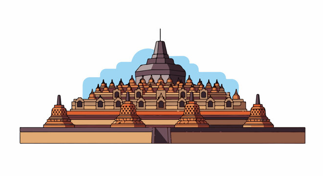 Stylized illustration of a monumental ancient temple complex with tiered structures