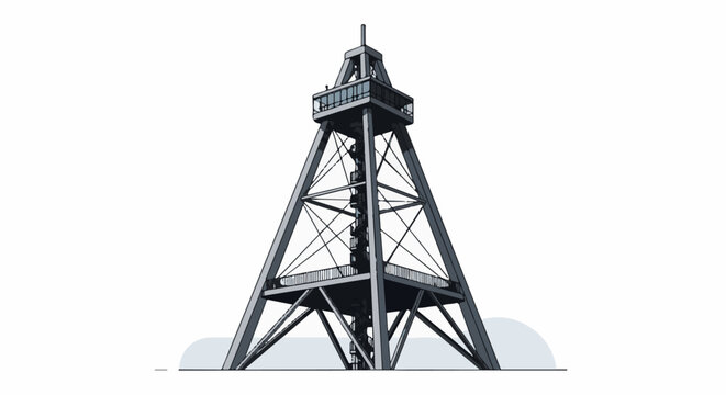Tall, triangular metal tower with observation deck and spiral staircase