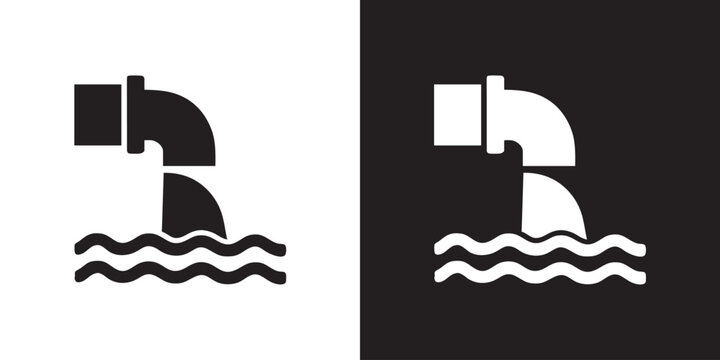 Minimalist Pipe Pouring Liquid into Water Icon in Black Silhouette - Modern Industrial Drainage Output Symbol, Plumbing Tube Waste Flow Graphic, and Environmental Pollution Vector