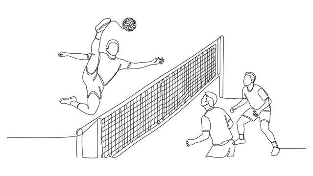 Volleyball players in action during a competitive match.
