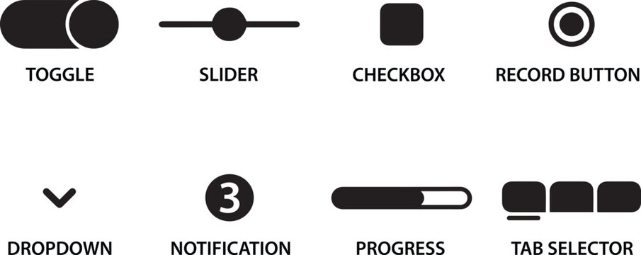 UI UX components toggle slider checkbox notification progress tab selector icons set vector