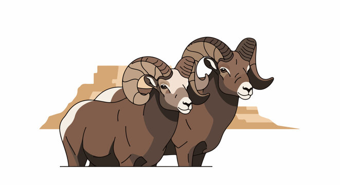Two bighorn sheep with large curled horns stand before a desert landscape