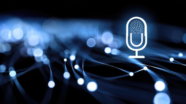 nodes. A silver microphone icon floating in glowing blue data streams. product launch decks, UI/UX mockups, designed for data visualization dashboards and holographic UIs.