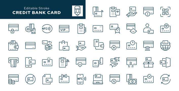 Bank and credit card outline icons set. Contactless online payment, transaction, money, wallet. Line icon in linear style.