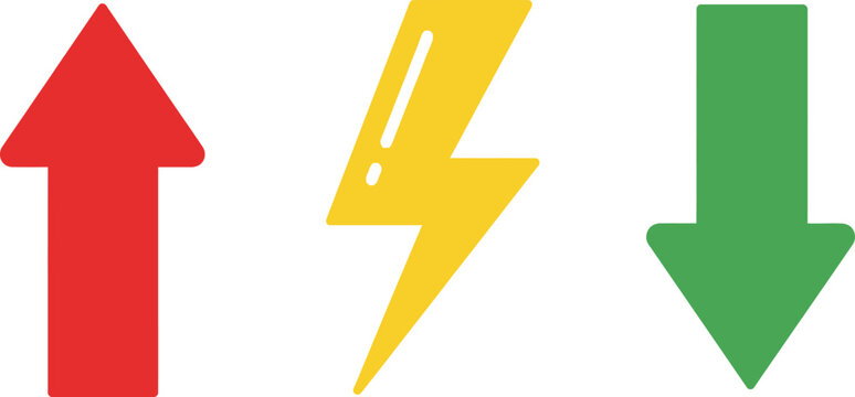 Red up arrow yellow lightning bolt and green down arrow icons set