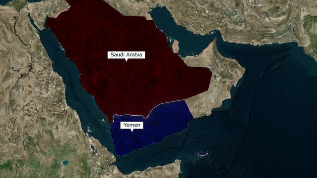 Satellite view animation of Arabian Peninsula focusing on Saudi Arabia and Yemen borders for geopolitical graphics