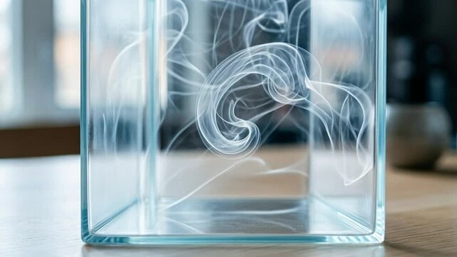 Close-up of white smoke swirling in a graceful vortex inside a transparent glass box