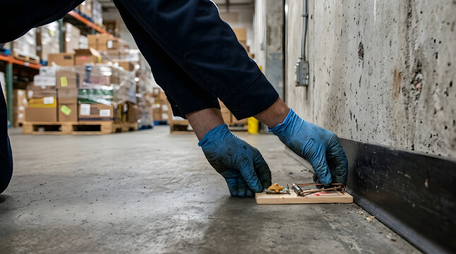 A pest control technician wearing blue gloves carefully sets a mouse trap in a warehouse, illustrating a professional approach to pest management and hygiene.