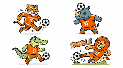 Cute Cartoon Animal Soccer Players: Tiger, Rhino, Crocodile, and Lion Playing Football, Isolated on White Background, Flat Vector Illustration © Zanu