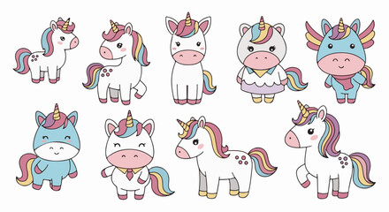 Fototapeta premium Ten adorable, colorful, cartoon unicorns with rainbow manes
