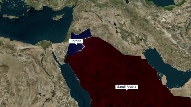 Animated satellite topography of the Middle East featuring the national boundaries of Jordan and Saudi Arabia