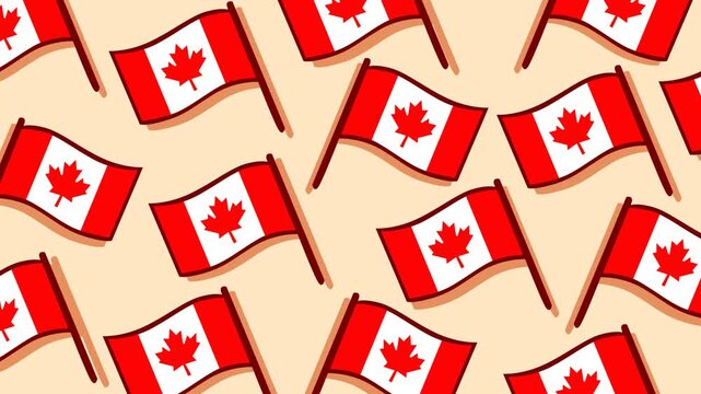 Seamless Canada Day themed animation featuring multiple waving Canadian flags with maple leaf symbols. Ideal for patriotic backgrounds, national celebrations, holiday promotions, and festive content.