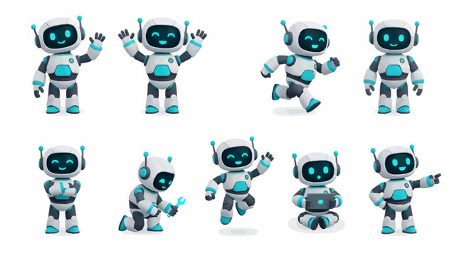 Cute Robot Character Collection with Nine Different Poses, Including Waving, Running, Working, and Using a Tablet, Flat 3D Illustration Style with Teal and White Accents