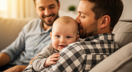 Obraz premium Father kissing baby on head, father smiling behind, warm lighting, showcasing familial bond, love, and happiness, representing family, care, and connection