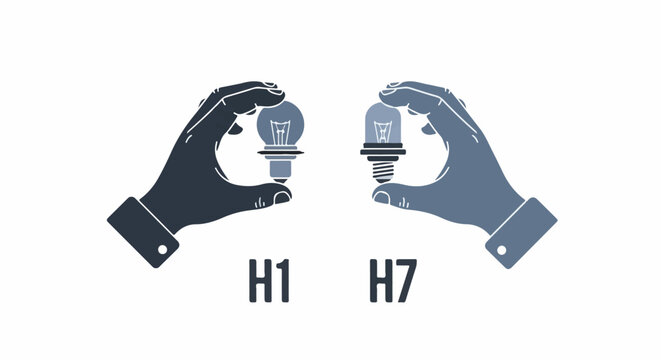 Two hands hold different types of light bulbs, labeled H1 and H7