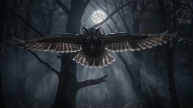 Owl Taking Flight Through a Moonlit Forest at Night