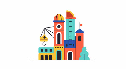 Naklejka premium Whimsical construction site with colorful buildings and a crane