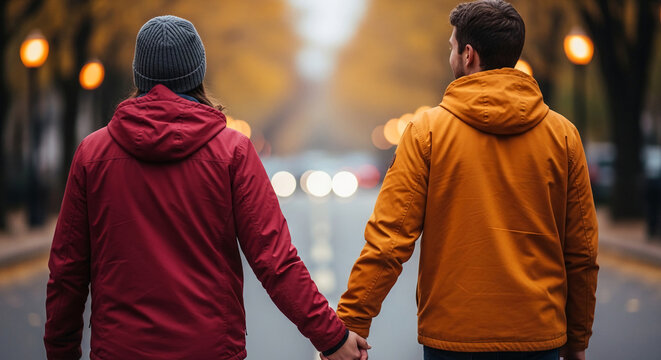 Two men holding hands walking down a street lined with trees and lights, symbolizing togetherness, connection, and journey.