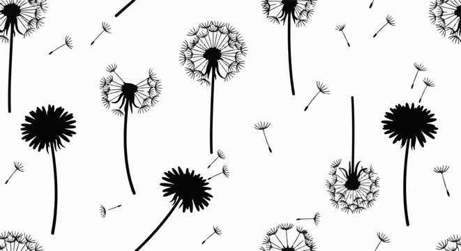 Whimsical dandelions in various stages of bloom, with seeds scattering in the wind