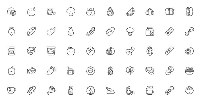 Healthy Food icon set. Nutrition vector icon pack. Minimalist line art icons. Featuring fruits, vegetables, nuts, dairy, meats, fish, grains, beverages and more. Editable stroke.