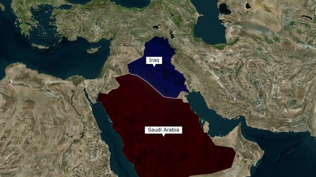 High resolution satellite view of the Middle East zooming on the borders of Iraq and Saudi Arabia