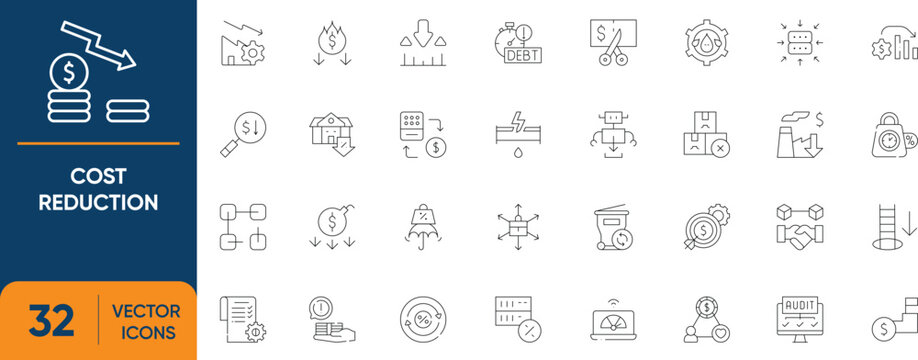 Cost Reduction Icon Set. Containing Costs, Savings, Reduce, Optimization, Budget, Efficiency and more. Editable vector Line icons collection.