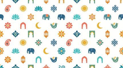 Fototapeta premium Colorful Whimsical Elephants and Floral Pattern with Leaves on White Background.