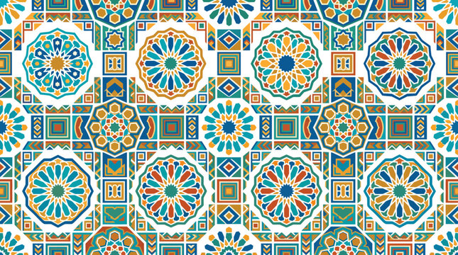 Colorful geometric mosaic tiles with circular mandala patterns and intricate ornamentation across a tiled surface.